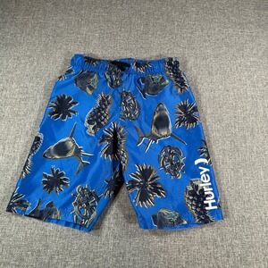 Hurley Boys Shark Skull Print Swim Trunks Size 7/8 Blue Quick Dry Board Shorts